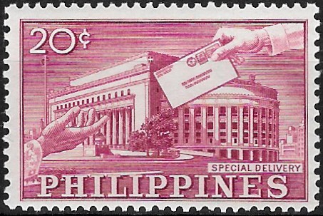 Philippine Special Delivery Stamp from 1962 - Post office Building, Manila and Hands with Letter