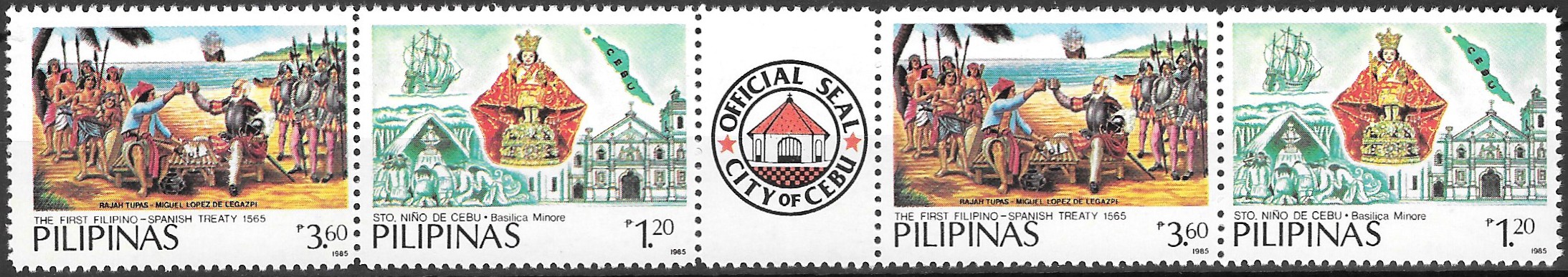 Philippine Commemorative Stamp with Collectible Margin from 1985 - 420th Anniversary Spanish-Philippines Peace Treaty