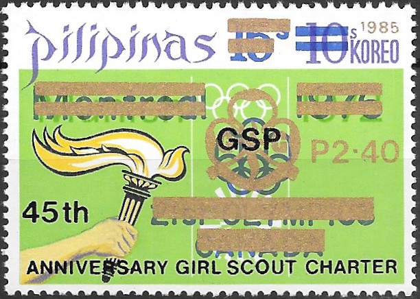 Philippine Commemorative Stamp from 1985 - 45th Anniversary of Girl Scout Charter - Surcharged