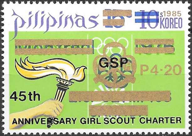 Philippine Commemorative Stamp from 1985 - 45th Anniversary of Girl Scout Charter - Surcharged