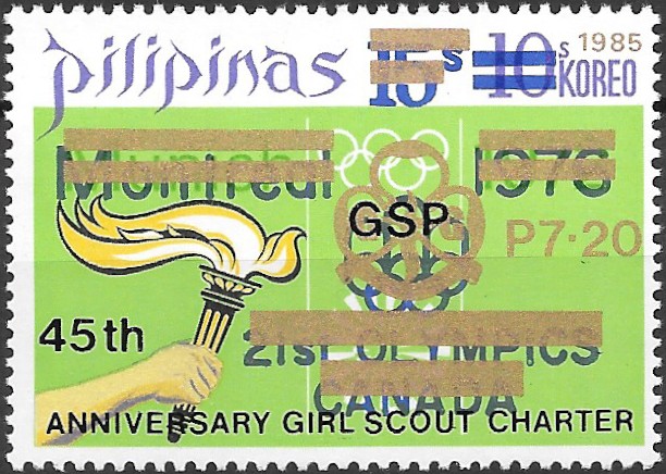 Philippine Commemorative Stamp from 1985 - 45th Anniversary of Girl Scout Charter - Surcharged