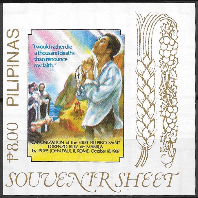 Philippine Commemorative Souvenir Sheet from 1987 - Canonization of Lorenzo Ruiz