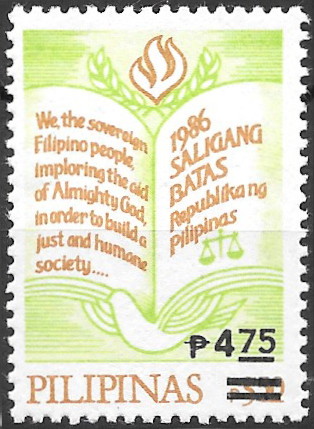 Philippine Definitive Stamp from 1989 - 1987 Constitution Overprinted in Black