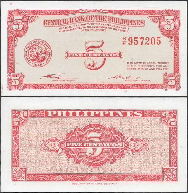 1949 English Series 5 centavos Banknote