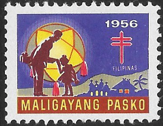 1956 Christmas seal featuring the giving of gifts