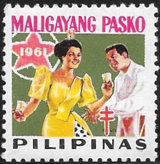 1961 Christmas Seal with image of people dancing and celevrating