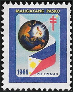 1966 Christmas seal with Philippine flag around the planet earth - the Philippine Islands are illuminated by a star in the sky