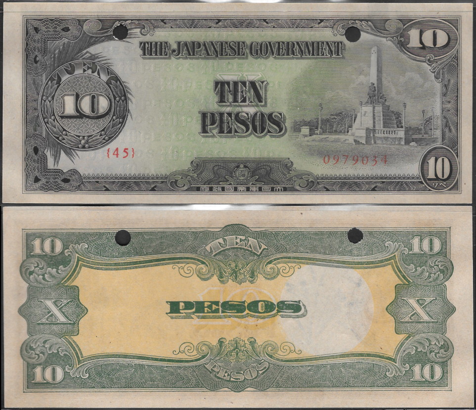 1943 P111a JIM 10 pesos punched by the Red Cross