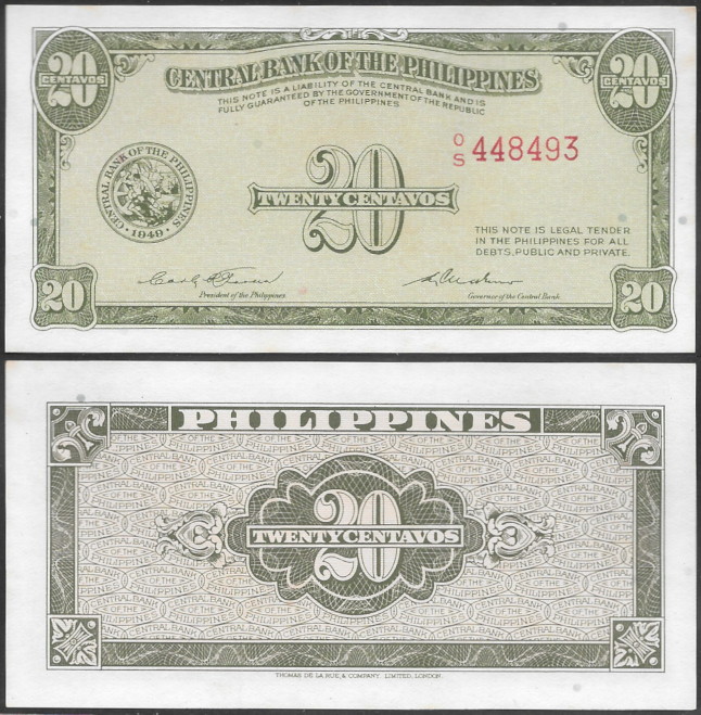 1949 English Series 20 centavos Banknote
