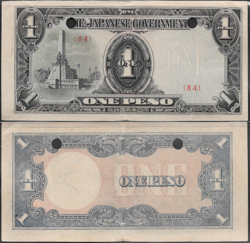 1943 P109b JIM 1 pesos punched by the Red Cross