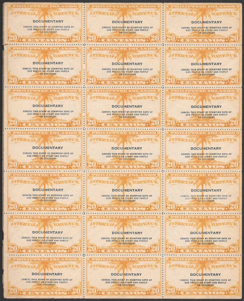 Full Sheet 20c Documentary Revenue Stamps from 1941