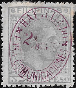 1888 - 2.5 Comunicaciones Overprinted on Blue-Gray Olfonso 5c postage Stamp