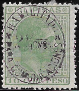 1888 - 2.5 Comunicaciones Overprinted on Green Olfonso 10c Postage Stamp