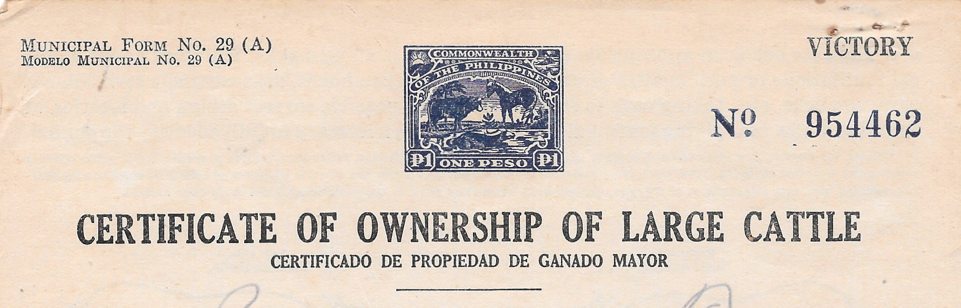 1945 - 1p Ownership of Large Cattle Certificate and Revenue stamp - US Administration