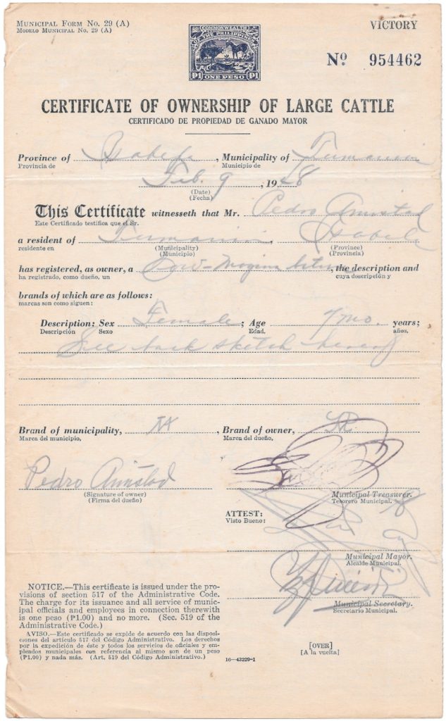 1948 - Certificate of Ownership of Large Cattle