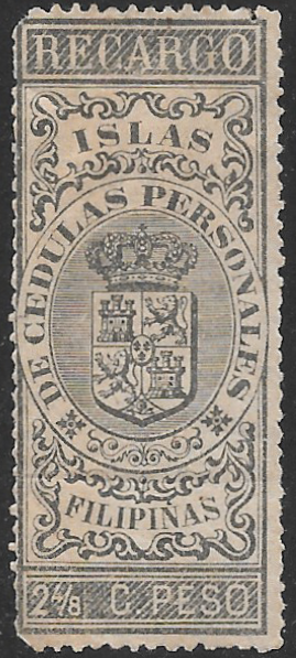 1892 - 2 4/8c Recargo de Cedulas Personales  Philippine Revenue Stamp in Olive Green.