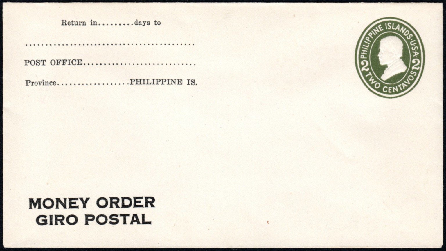 Scott:U30 / UPSS:44c - 2c Rizal in green on white laid paper wm28 knife81 - Size 5